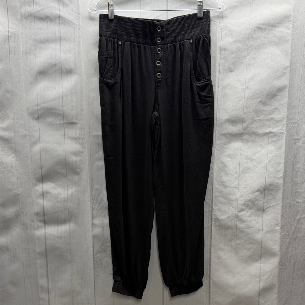 Fate Black Tencel Button Fly Ribbed Elastic Waist Joggers Pants Size Medium